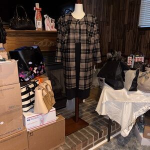 Julian Taylor Elegant Black, Gray, and Taupe Sheath Dress with Jacket. NWT